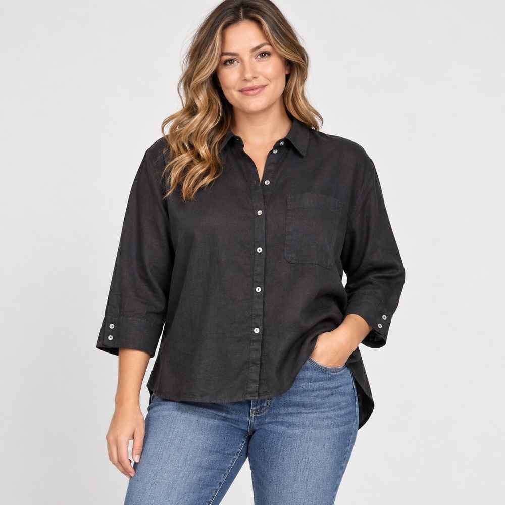 Nicole Miller New York Black 100% Linen Button Down Shirt 3/4 Sleeve Size M
